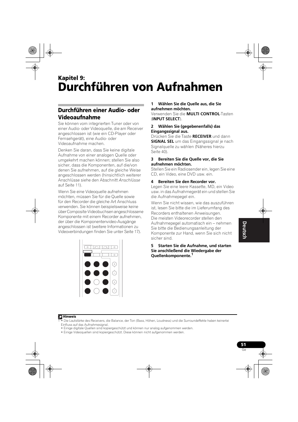 Durchführen von aufnahmen, Durchführen einer audio- oder videoaufnahme, Durchführen einer audio- oder | Videoaufnahme, Kapitel 9 | Pioneer VSX-819H-S User Manual | Page 121 / 282