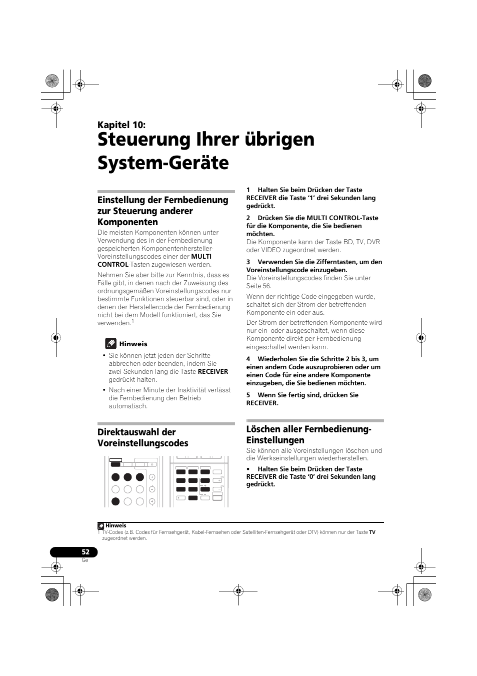 Steuerung ihrer übrigen system-geräte, Direktauswahl der voreinstellungscodes, Löschen aller fernbedienung- einstellungen | Einstellung der fernbedienung zur, Steuerung anderer komponenten, Löschen aller fernbedienung, Einstellungen, Kapitel 10 | Pioneer VSX-819H-S User Manual | Page 122 / 282
