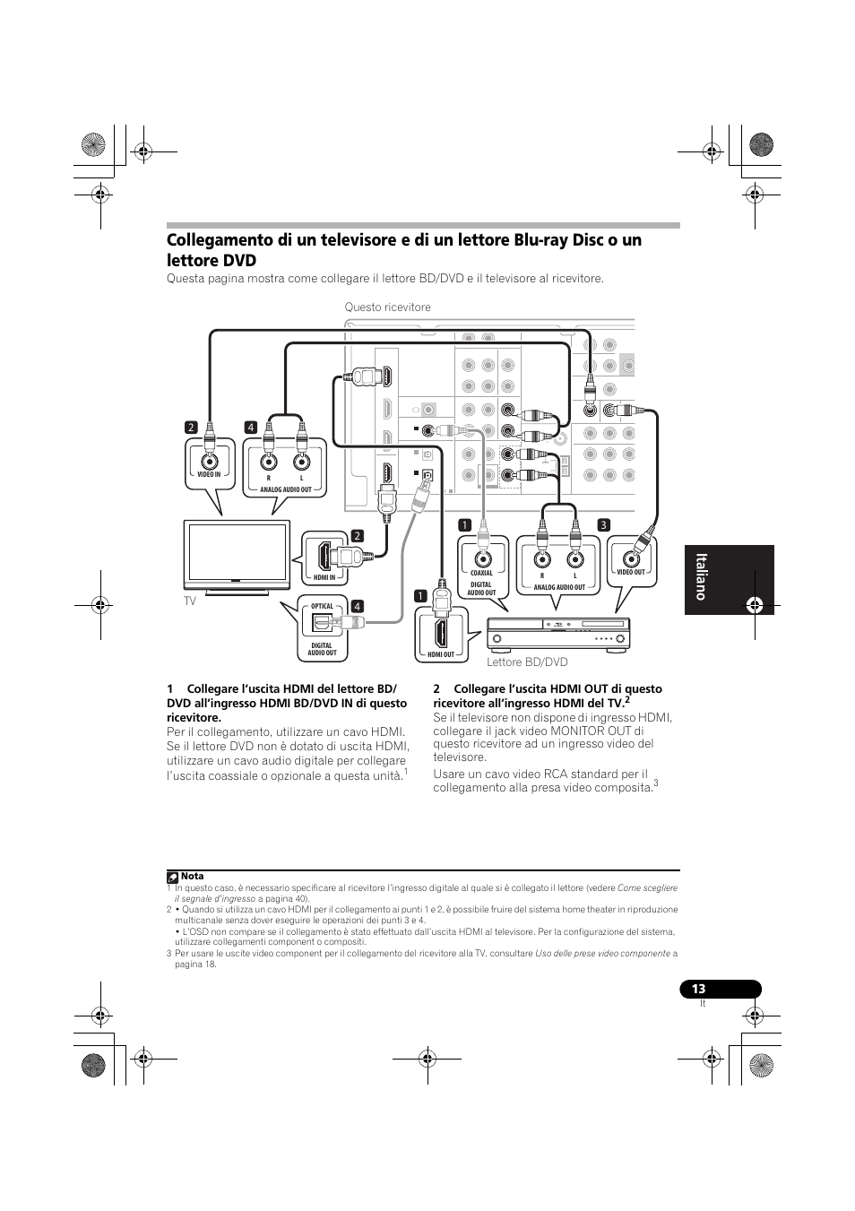 Collegamento di un televisore e di un, Lettore blu-ray disc o un lettore dvd, Nota | Pioneer VSX-819H-S User Manual | Page 13 / 282