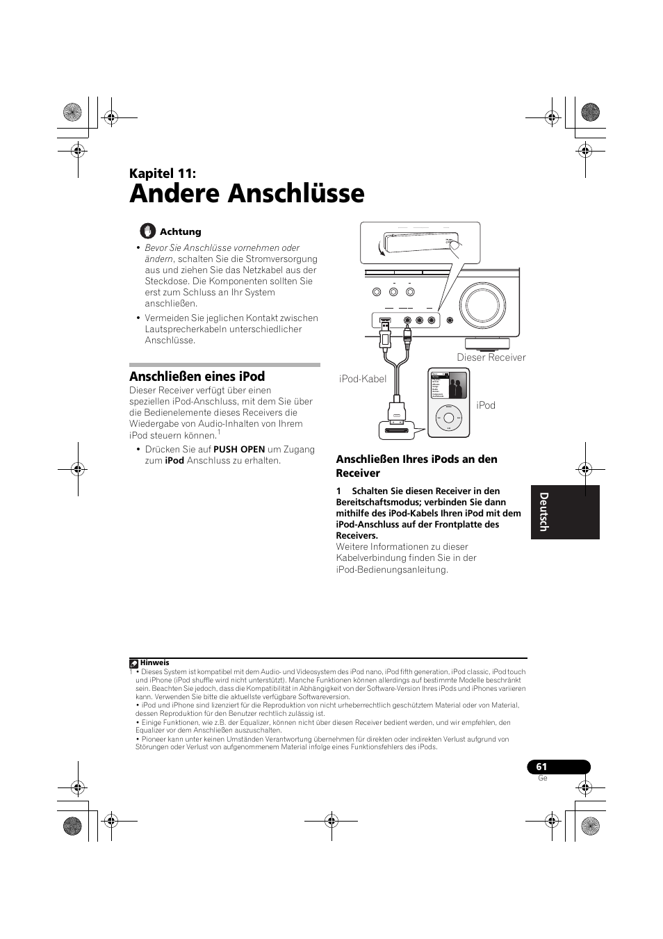 Andere anschlüsse, Anschließen eines ipod, Anschließen ihres ipods an den receiver | Anschließen ihres ipods an den, Receiver, Seite 61 u, Kapitel 11, Ipod, Dieser receiver ipod-kabel | Pioneer VSX-819H-S User Manual | Page 131 / 282