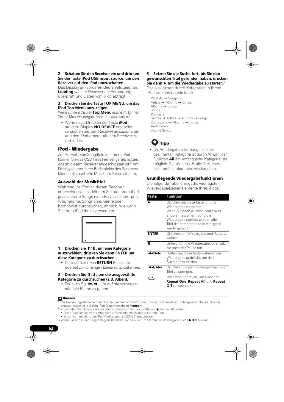 Ipod - wiedergabe, Auswahl der musiktitel, Grundlegende wiedergabefunktionen | Pioneer VSX-819H-S User Manual | Page 132 / 282