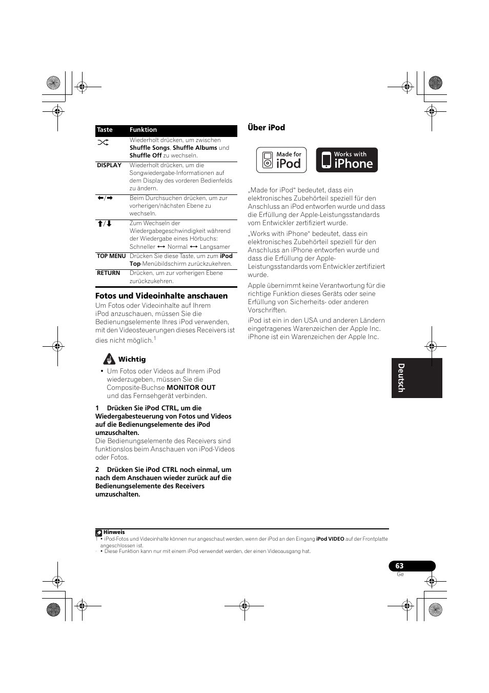 Fotos und videoinhalte anschauen, Über ipod, Seite 63) u | Pioneer VSX-819H-S User Manual | Page 133 / 282