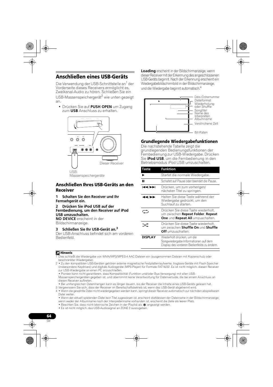 Anschließen eines usb-geräts, Anschließen ihres usb-geräts an den receiver, Grundlegende wiedergabefunktionen | Anschließen ihres usb-geräts an den, Receiver, D 64) | Pioneer VSX-819H-S User Manual | Page 134 / 282