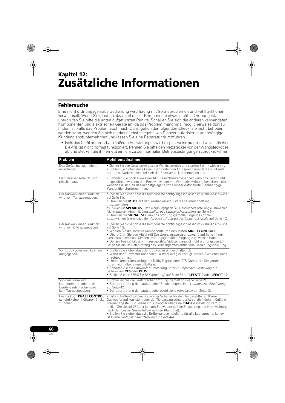 Zusätzliche informationen, Fehlersuche, Kapitel 12 | Pioneer VSX-819H-S User Manual | Page 136 / 282