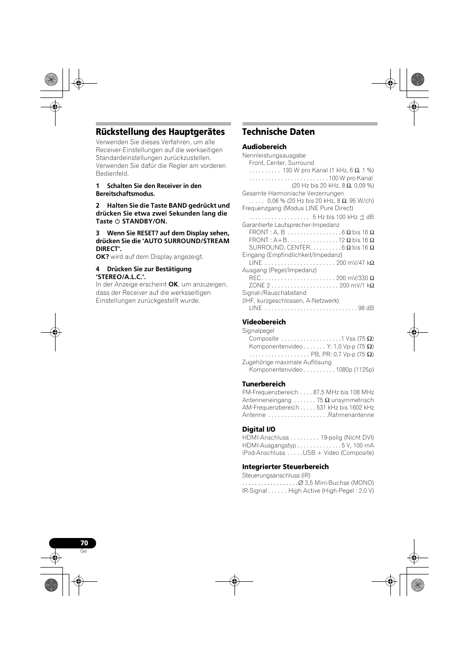 Rückstellung des hauptgerätes, Technische daten | Pioneer VSX-819H-S User Manual | Page 140 / 282