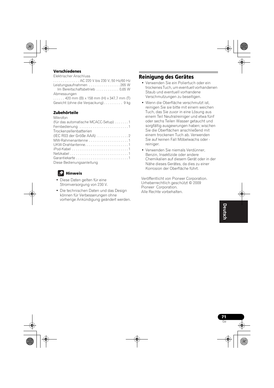 Reinigung des gerätes | Pioneer VSX-819H-S User Manual | Page 141 / 282