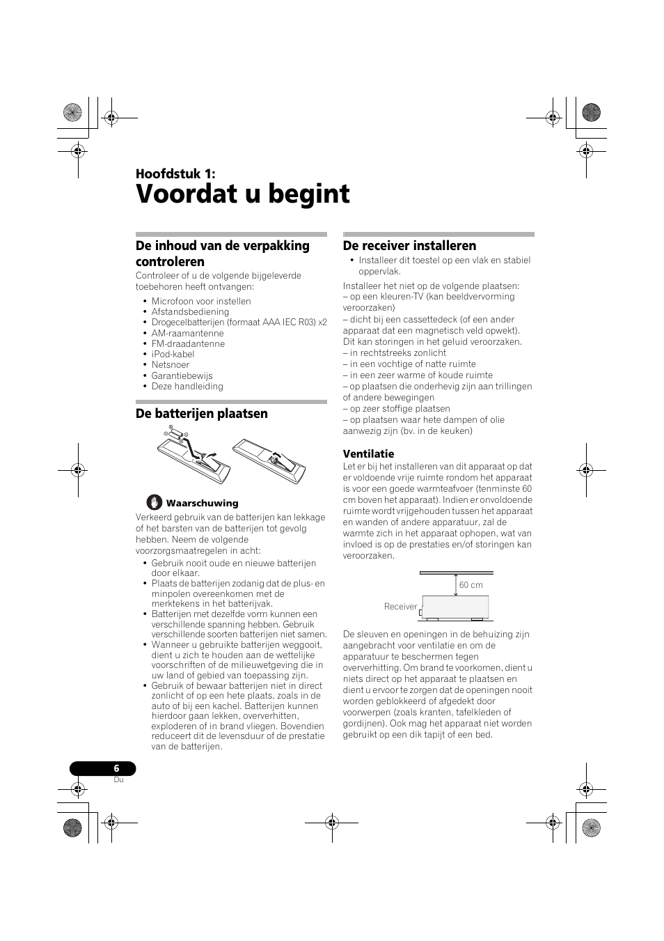 Voordat u begint, De inhoud van de verpakking controleren, De batterijen plaatsen | De receiver installeren, Ventilatie, Hoofdstuk 1 | Pioneer VSX-819H-S User Manual | Page 146 / 282