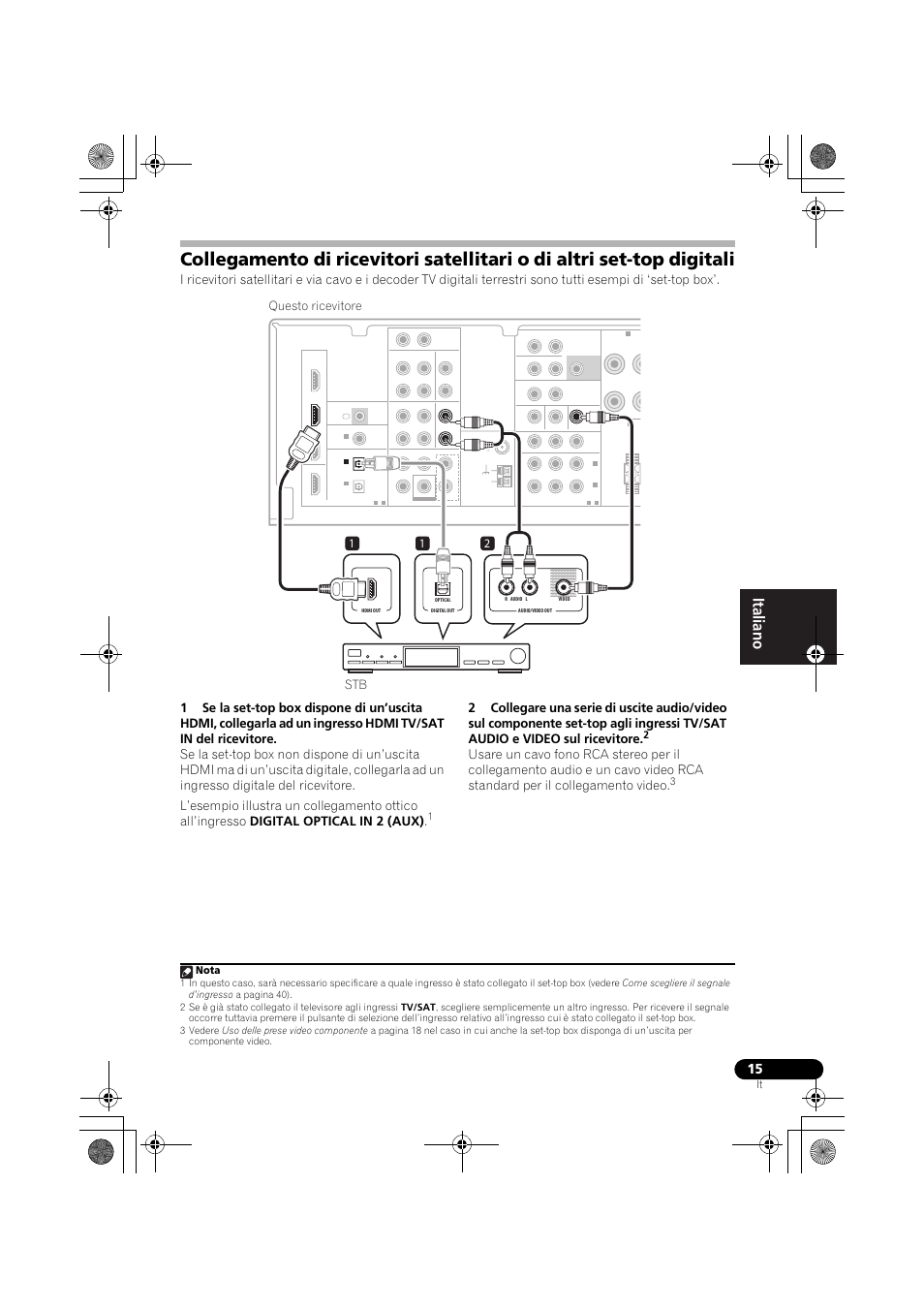 Collegamento di ricevitori satellitari, O di altri set-top digitali, 12 stb questo ricevitore | Nota | Pioneer VSX-819H-S User Manual | Page 15 / 282