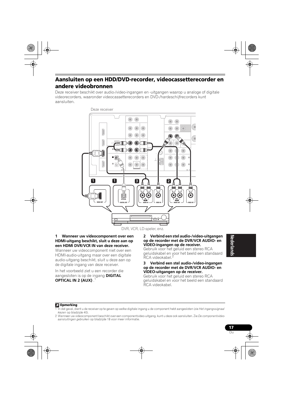 Videobronnen, 13 2 1 dvr, vcr, ld-speler, enz. deze receiver, Opmerking | Pioneer VSX-819H-S User Manual | Page 157 / 282