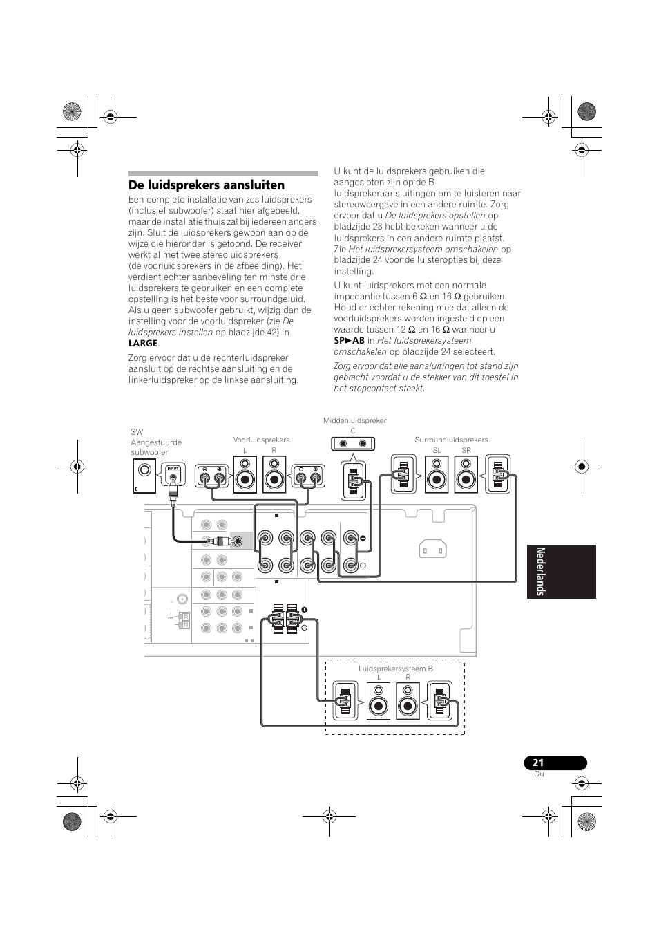 De luidsprekers aansluiten, De luidsprekers aansluiten op bladzijde 21 | Pioneer VSX-819H-S User Manual | Page 161 / 282