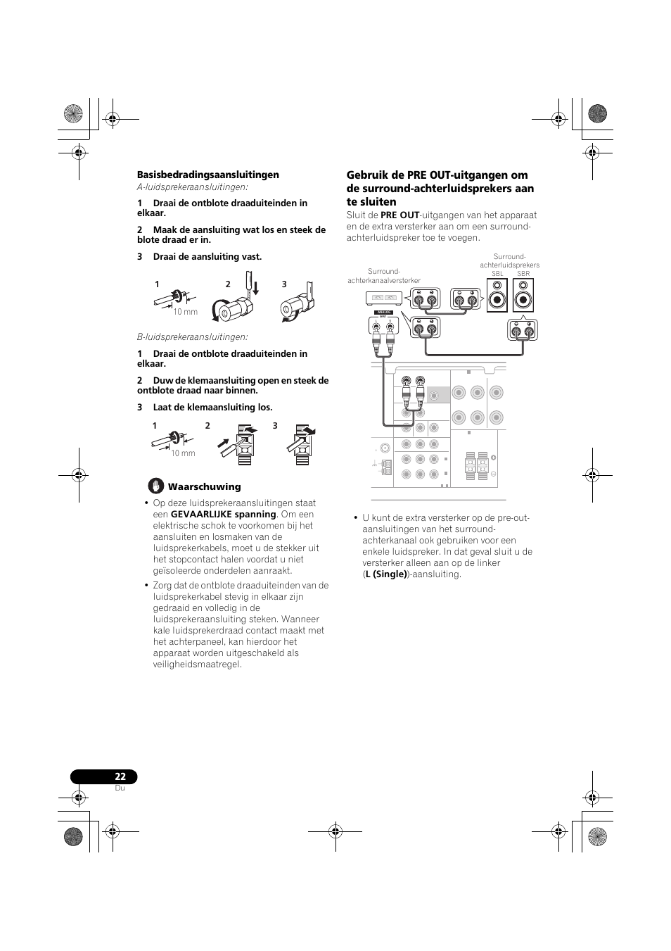 Gebruik de pre out-uitgangen om de, Surround-achterluidsprekers aan te, Sluiten | Basisbedradingsaansluitingen | Pioneer VSX-819H-S User Manual | Page 162 / 282