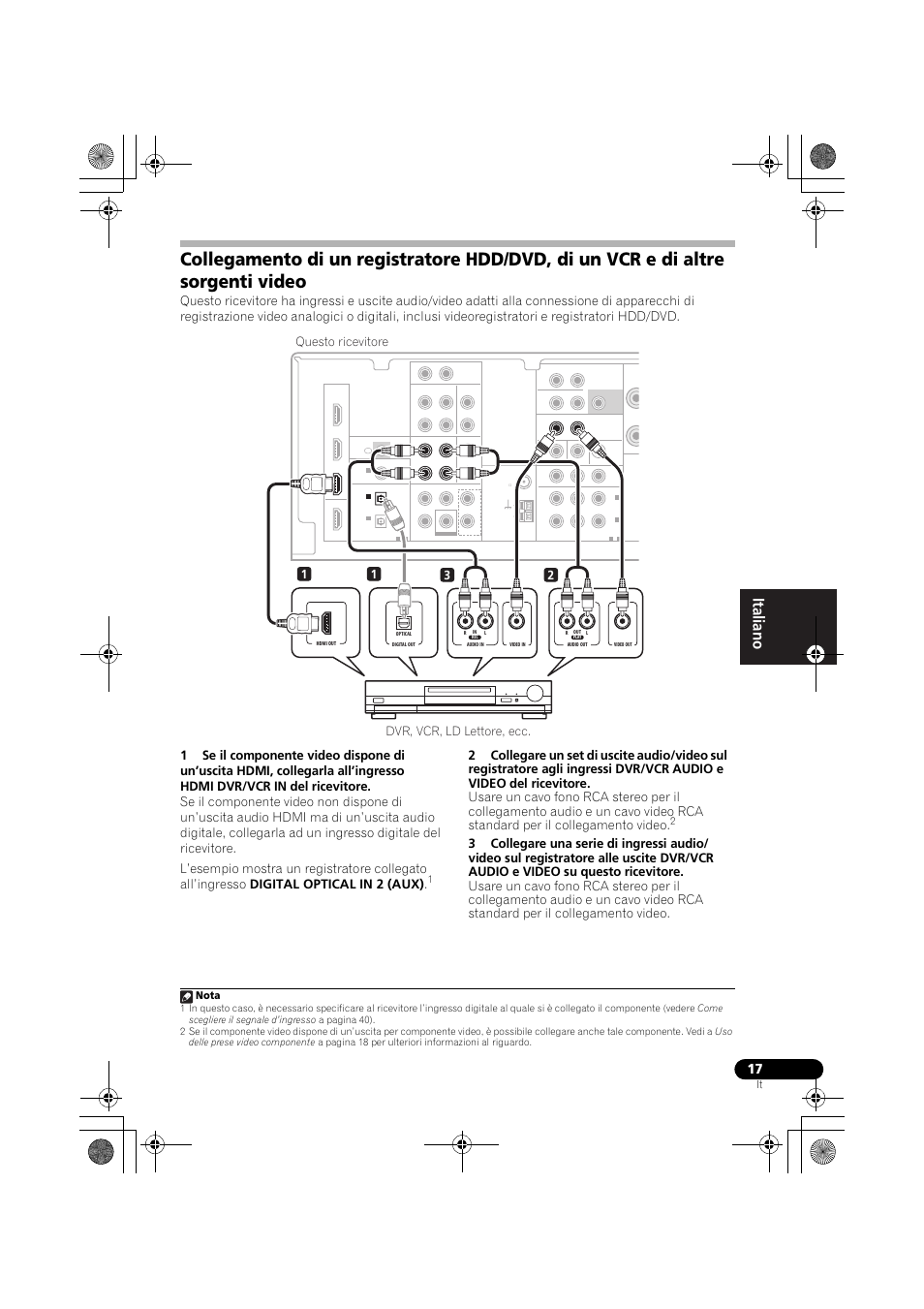 Collegamento di un registratore hdd/dvd, Di un vcr e di altre sorgenti video, Nota | Pioneer VSX-819H-S User Manual | Page 17 / 282