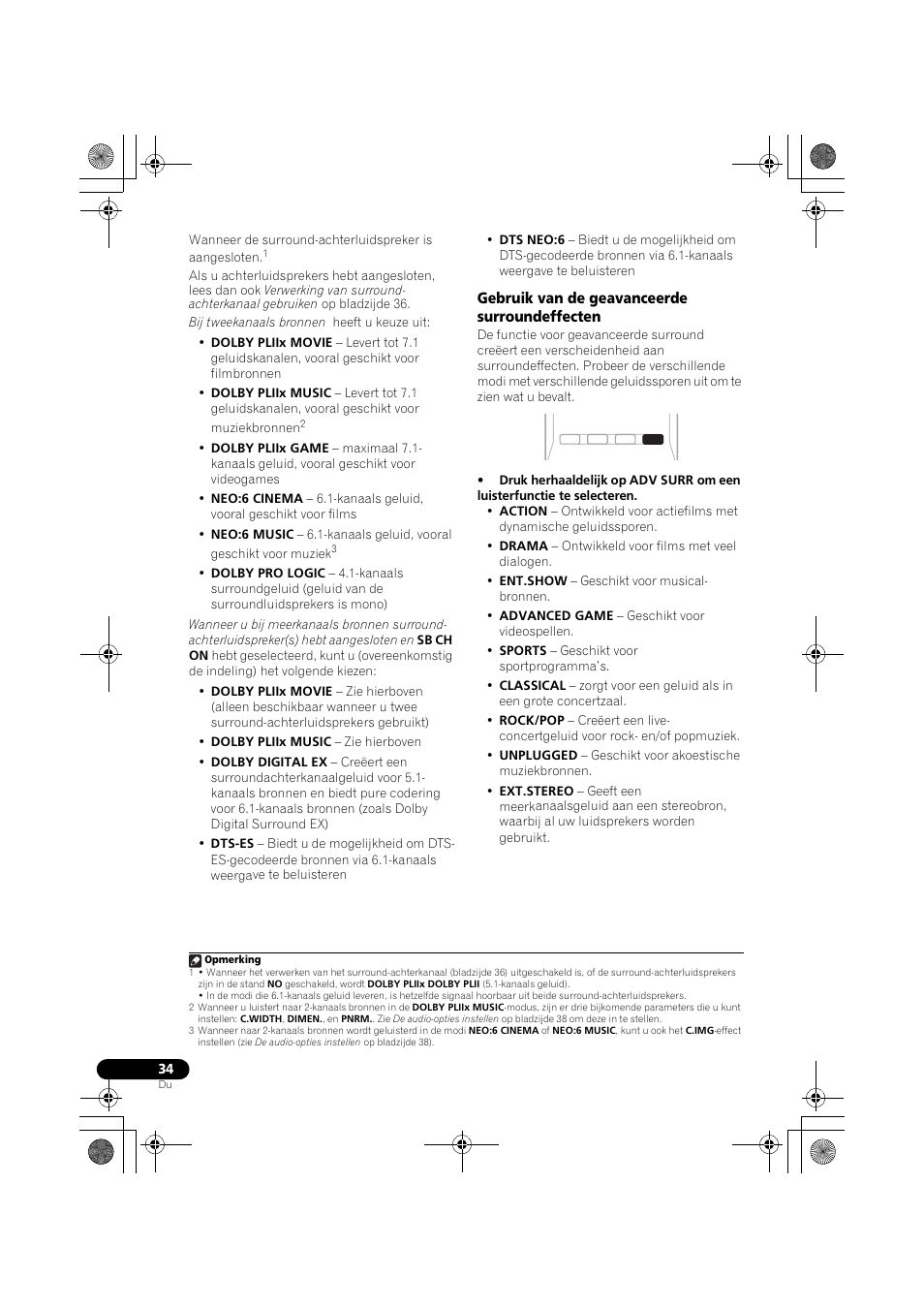 Gebruik van de geavanceerde surroundeffecten, Gebruik van de geavanceerde, Surroundeffecten | Bladzijde 34) | Pioneer VSX-819H-S User Manual | Page 174 / 282