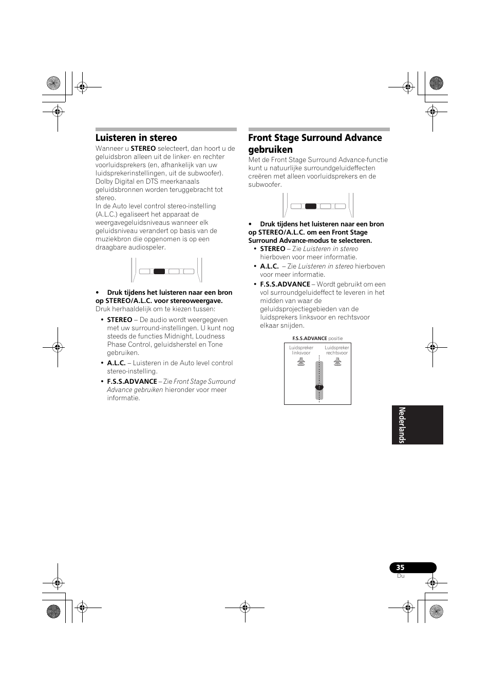 Luisteren in stereo, Front stage surround advance gebruiken, Bladzijde 35) | Pioneer VSX-819H-S User Manual | Page 175 / 282