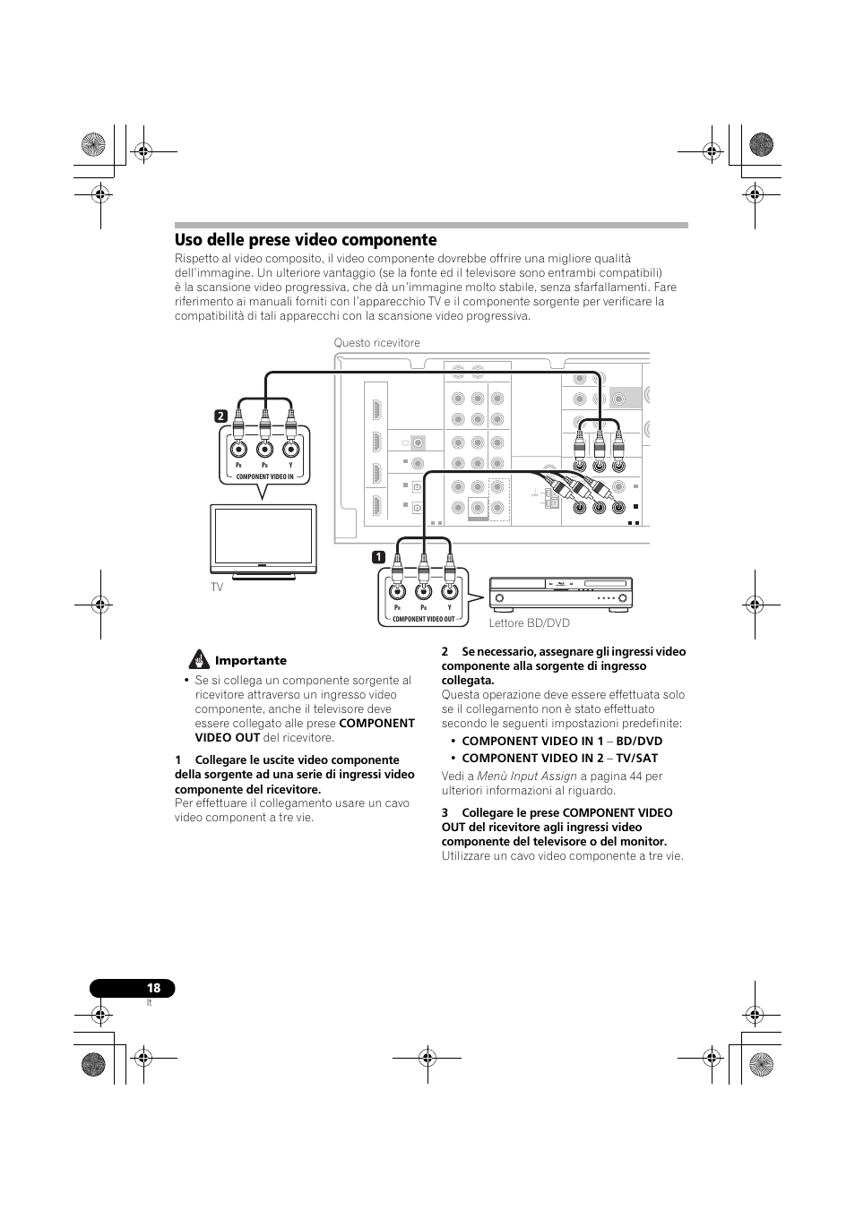 Uso delle prese video componente, E uso delle prese video componente a, Uso delle prese | 12 tv questo ricevitore lettore bd/dvd | Pioneer VSX-819H-S User Manual | Page 18 / 282