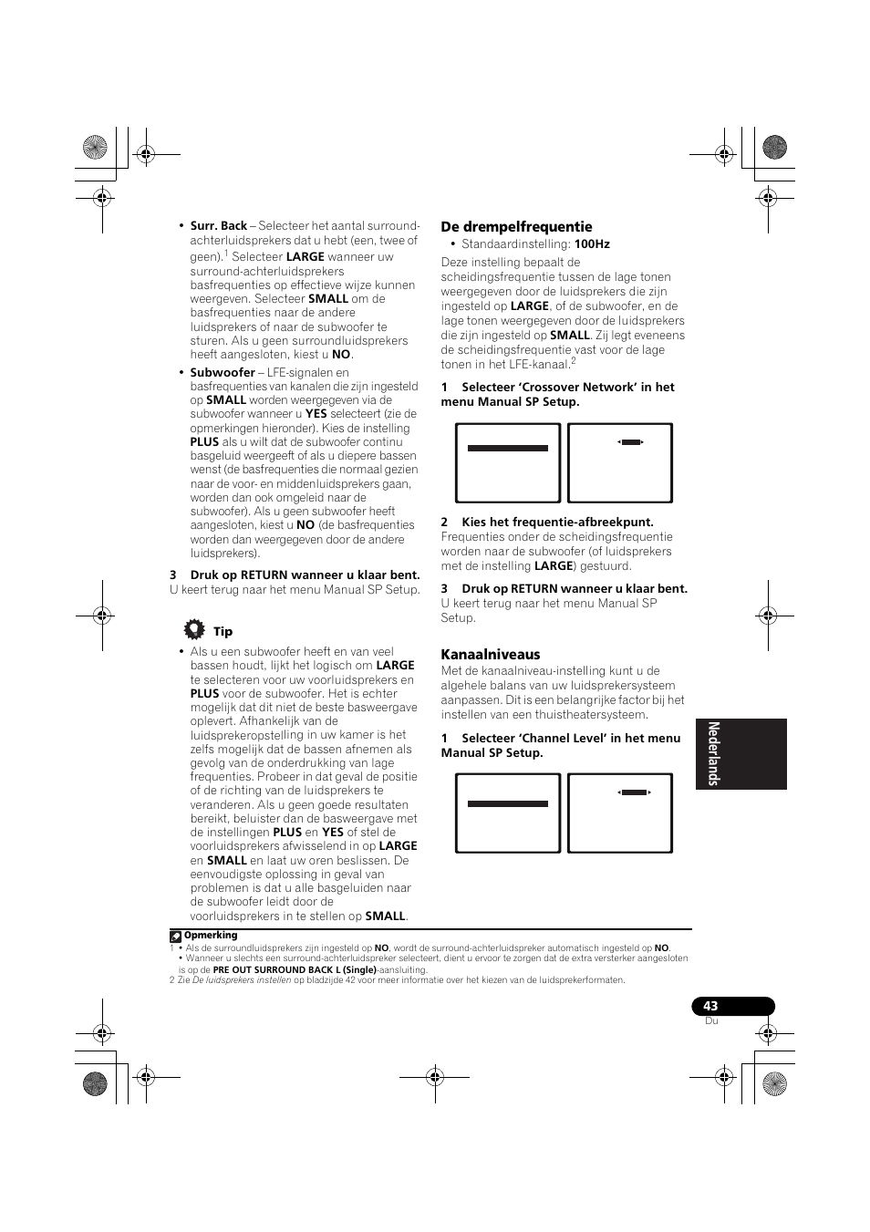 De drempelfrequentie, Kanaalniveaus, De drempelfrequentie kanaalniveaus | Bladzijde 43), Ie bladzijde 43) | Pioneer VSX-819H-S User Manual | Page 183 / 282
