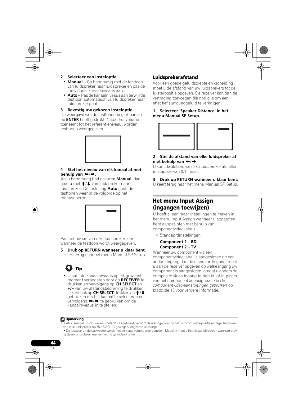 Luidsprekerafstand, Het menu input assign (ingangen toewijzen), Het menu input assign | Ingangen toewijzen), Bladzijde 44) | Pioneer VSX-819H-S User Manual | Page 184 / 282