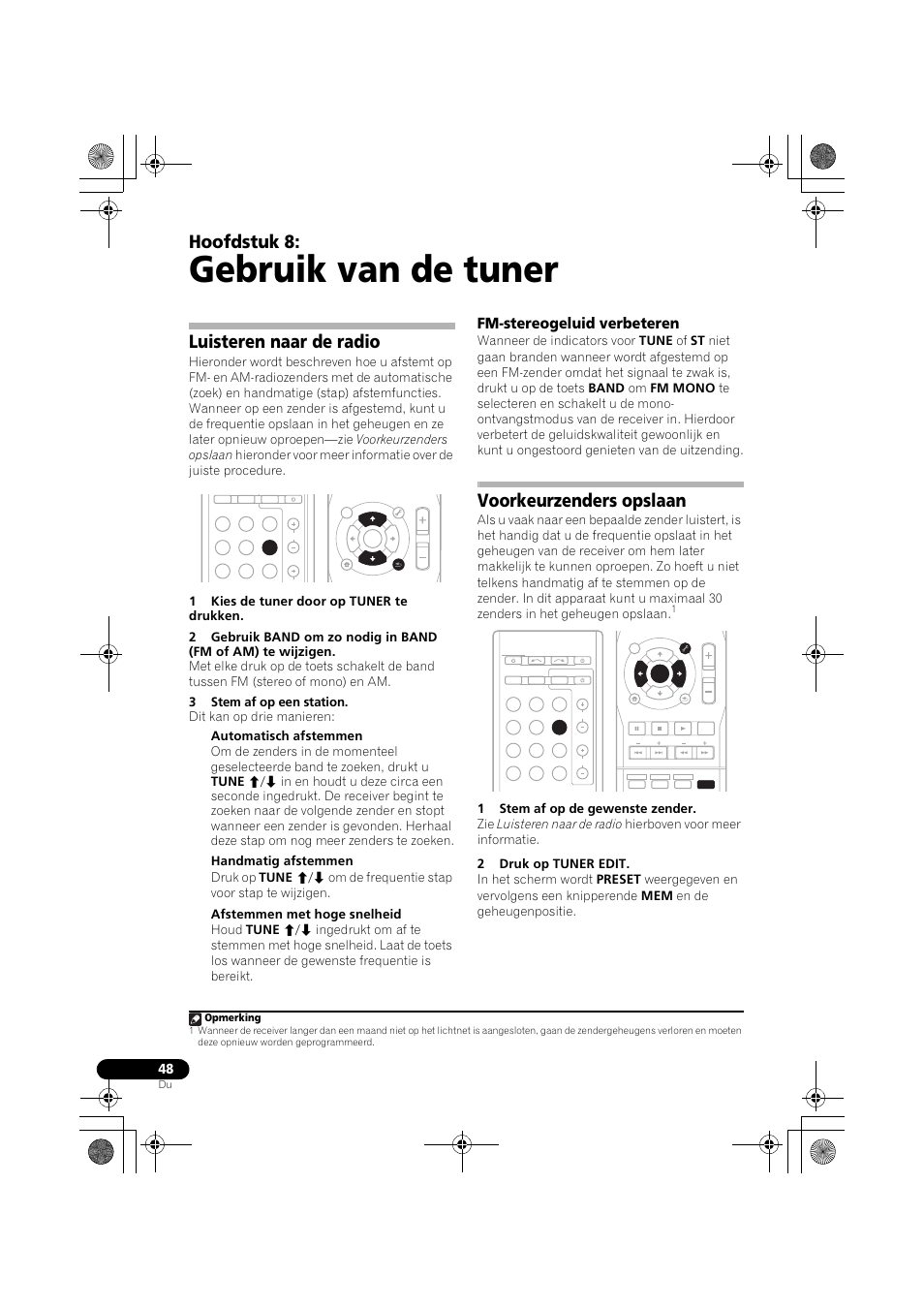 Gebruik van de tuner, Luisteren naar de radio, Fm-stereogeluid verbeteren | Voorkeurzenders opslaan, Bladzijde 48), Bladzijde 48, Bladzijde 48 en, Hoofdstuk 8, Opmerking | Pioneer VSX-819H-S User Manual | Page 188 / 282
