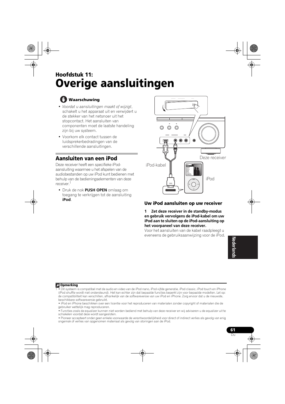 Overige aansluitingen, Aansluiten van een ipod, Uw ipod aansluiten op uw receiver | Bladzijde 61 en, Hoofdstuk 11, Ipod, Deze receiver ipod-kabel | Pioneer VSX-819H-S User Manual | Page 201 / 282