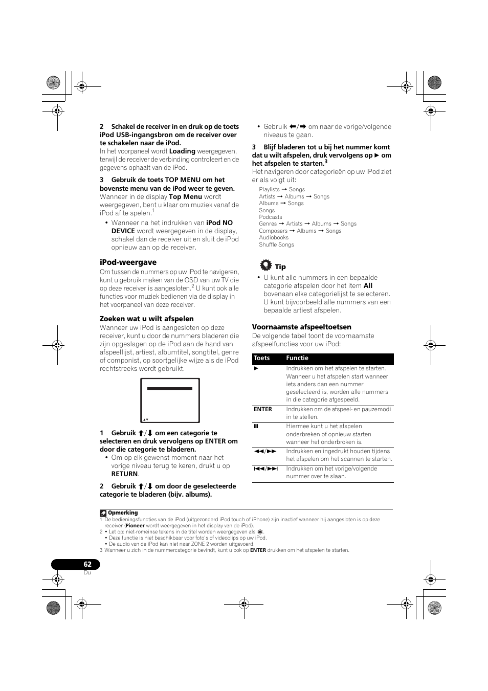 Ipod-weergave, Zoeken wat u wilt afspelen, Voornaamste afspeeltoetsen | Pioneer VSX-819H-S User Manual | Page 202 / 282