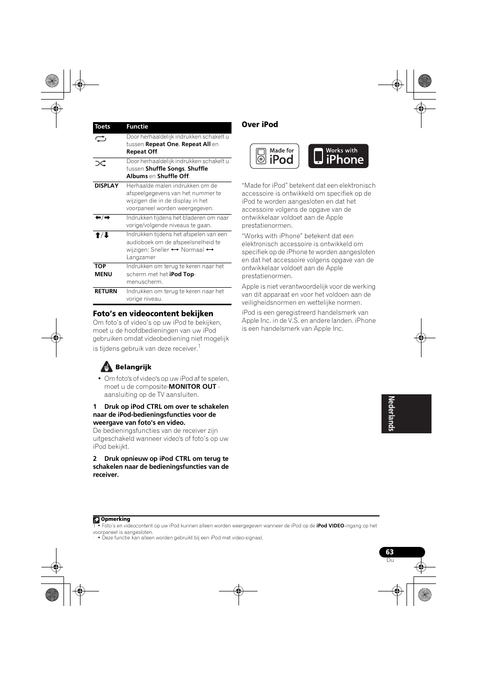 Foto’s en videocontent bekijken, Over ipod, Foto’s en videocontent bekijken over ipod | Bladzijde 63) | Pioneer VSX-819H-S User Manual | Page 203 / 282