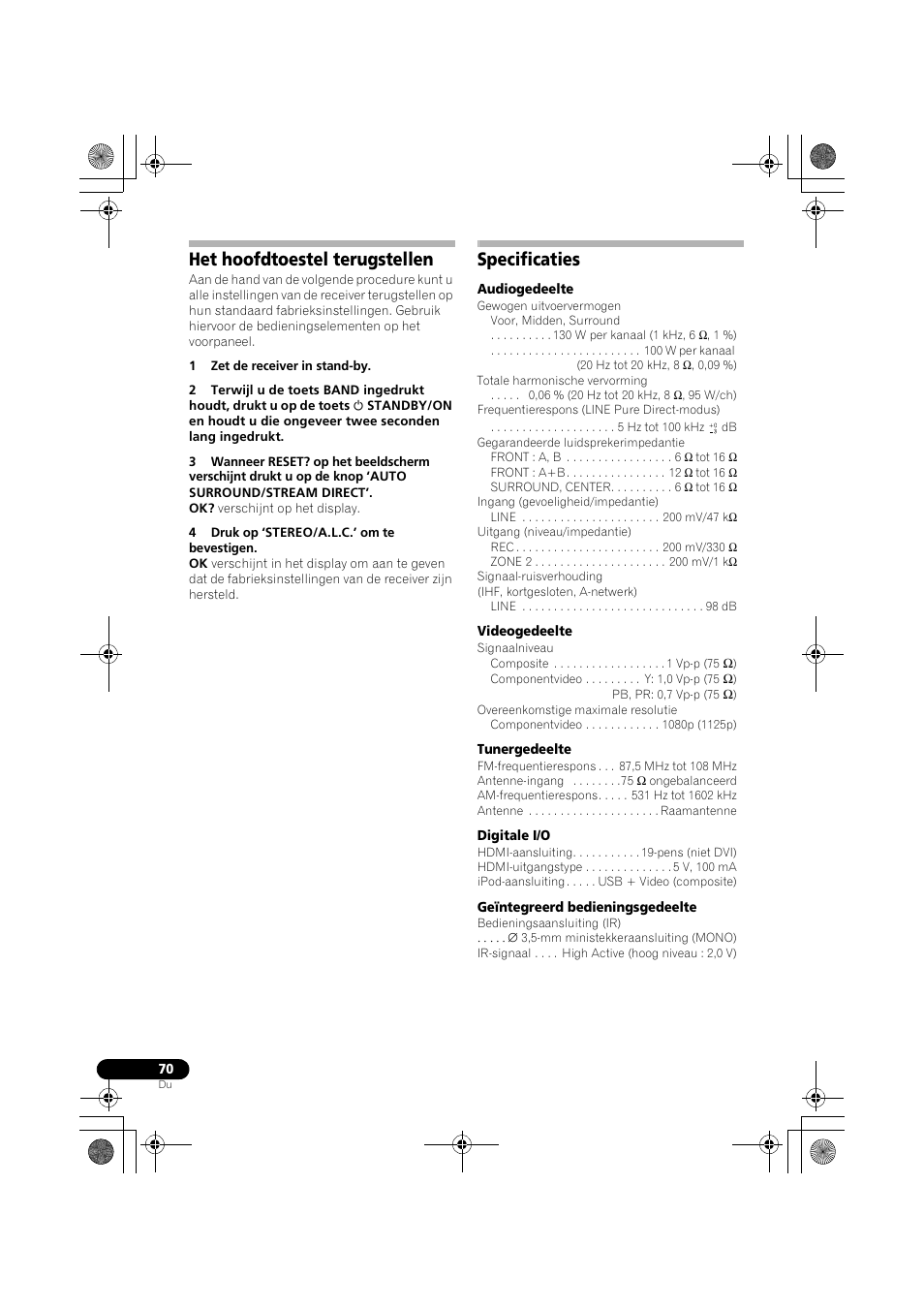 Het hoofdtoestel terugstellen, Specificaties, Het hoofdtoestel terugstellen specificaties | Pioneer VSX-819H-S User Manual | Page 210 / 282