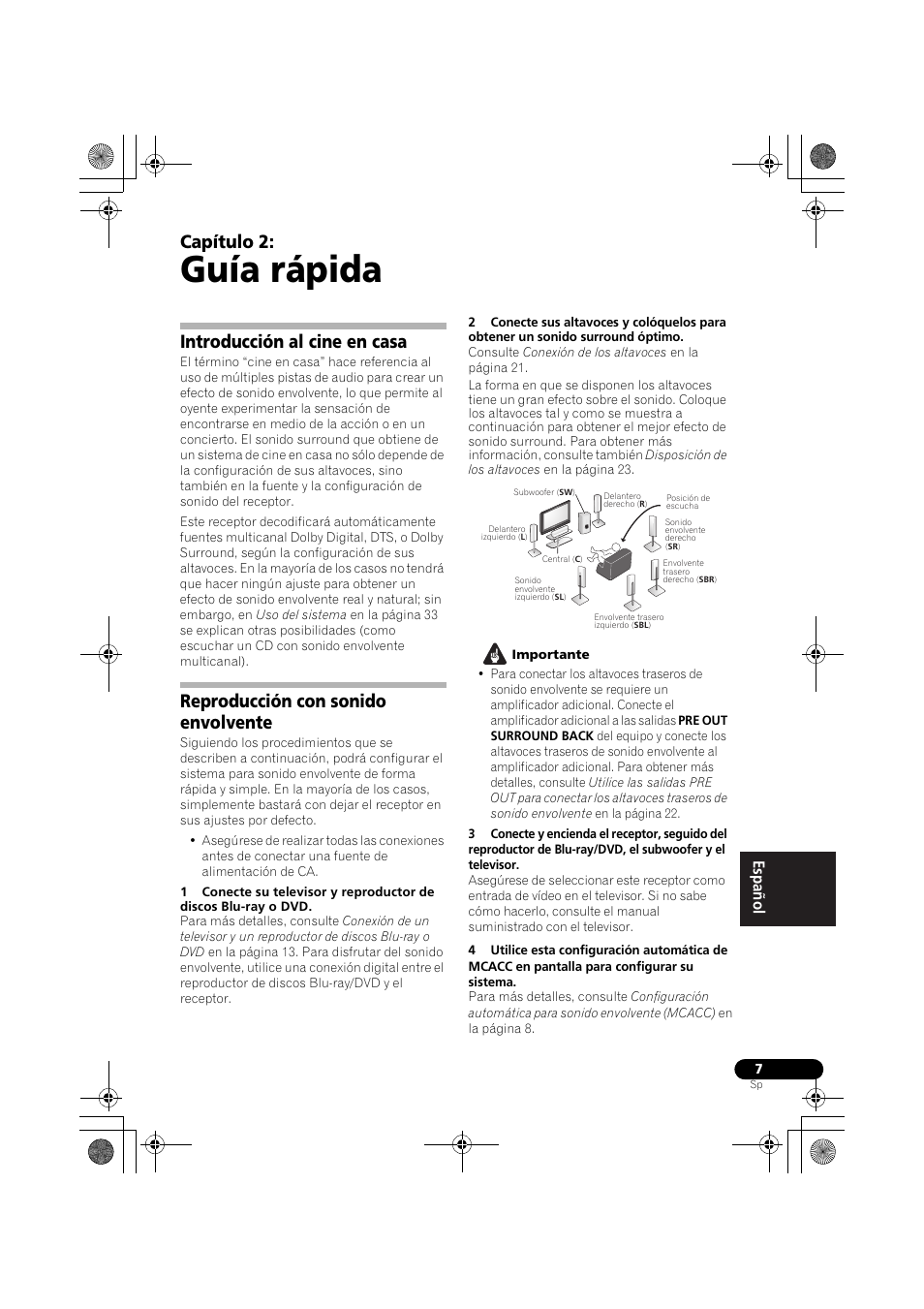 Guía rápida, Introducción al cine en casa, Reproducción con sonido envolvente | Capítulo 2 | Pioneer VSX-819H-S User Manual | Page 217 / 282