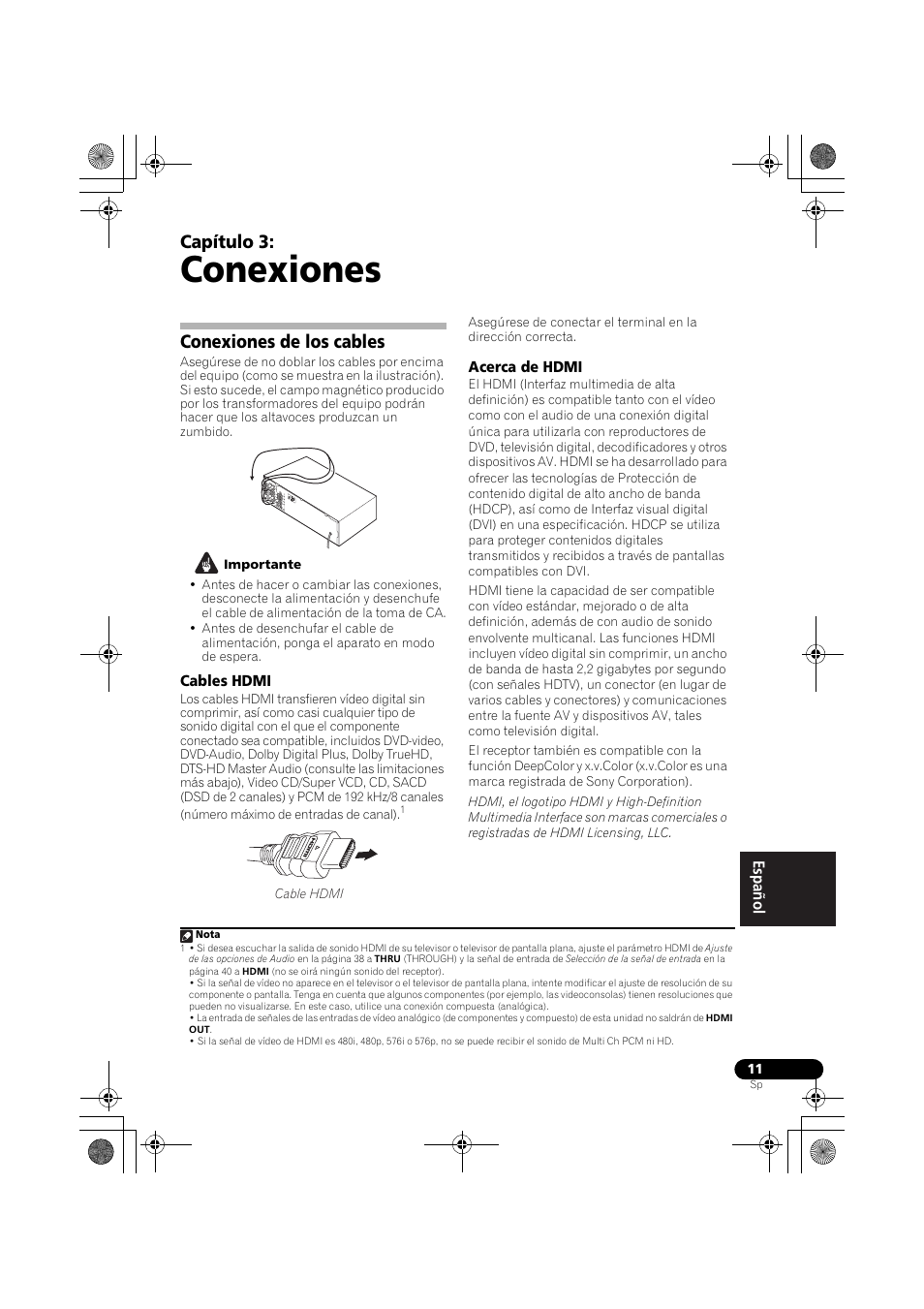 Conexiones, Conexiones de los cables, Cables hdmi | Acerca de hdmi, Cables hdmi acerca de hdmi, Capítulo 3 | Pioneer VSX-819H-S User Manual | Page 221 / 282