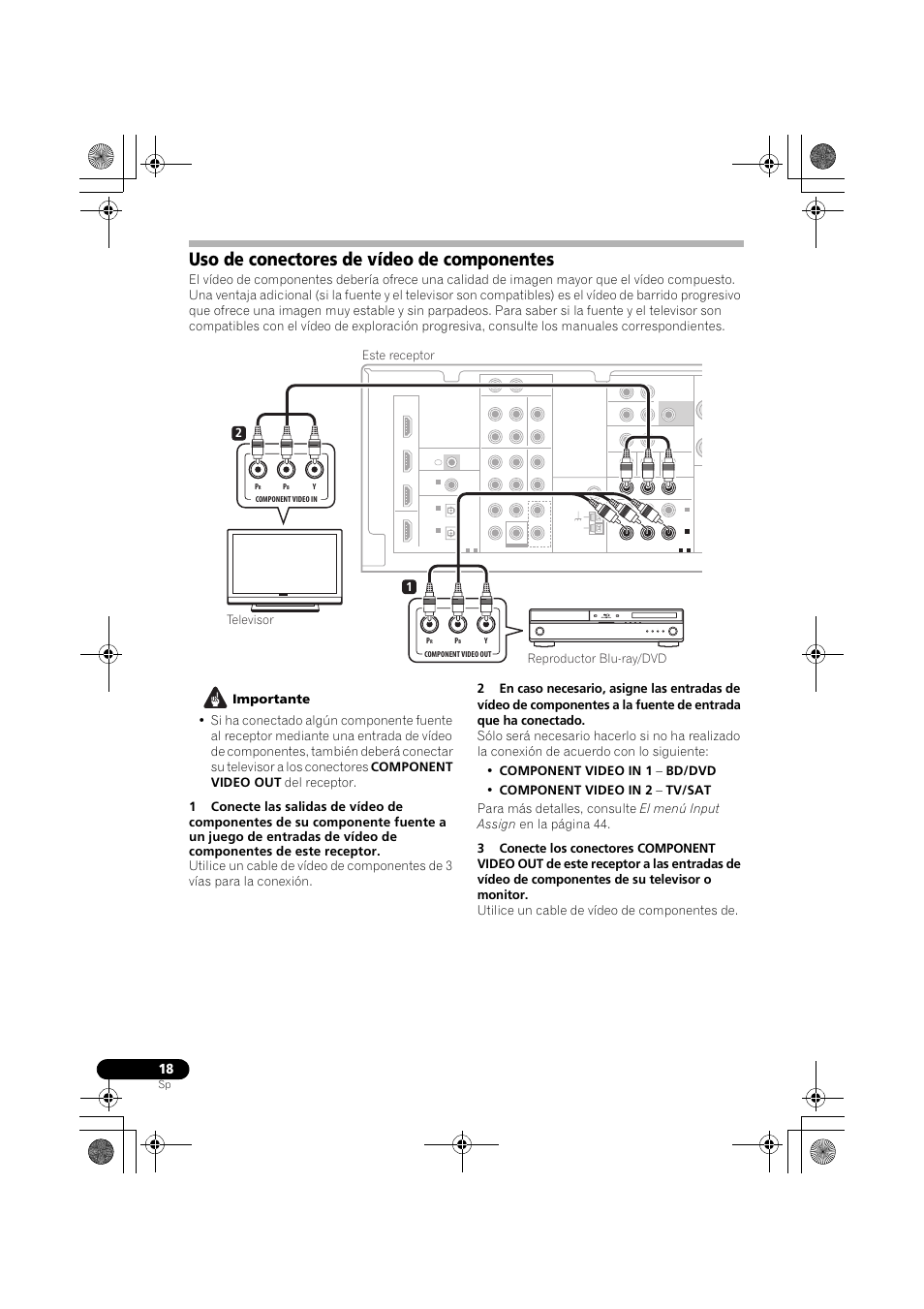 Uso de conectores de vídeo de componentes, Uso de conectores de, 12 este receptor reproductor blu-ray/dvd televisor | Pioneer VSX-819H-S User Manual | Page 228 / 282