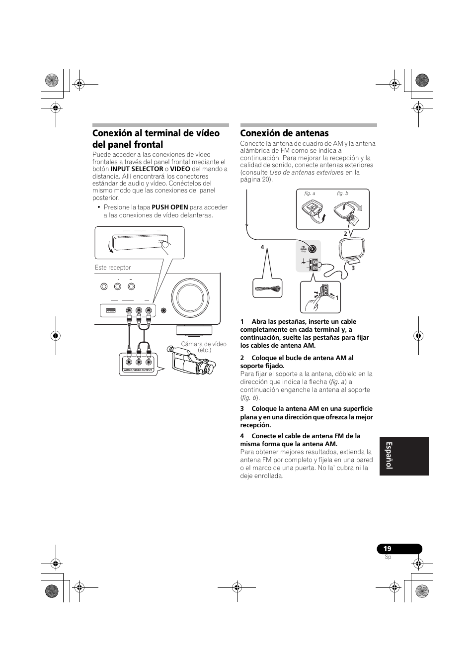 Conexión al terminal de vídeo del panel frontal, Conexión de antenas | Pioneer VSX-819H-S User Manual | Page 229 / 282