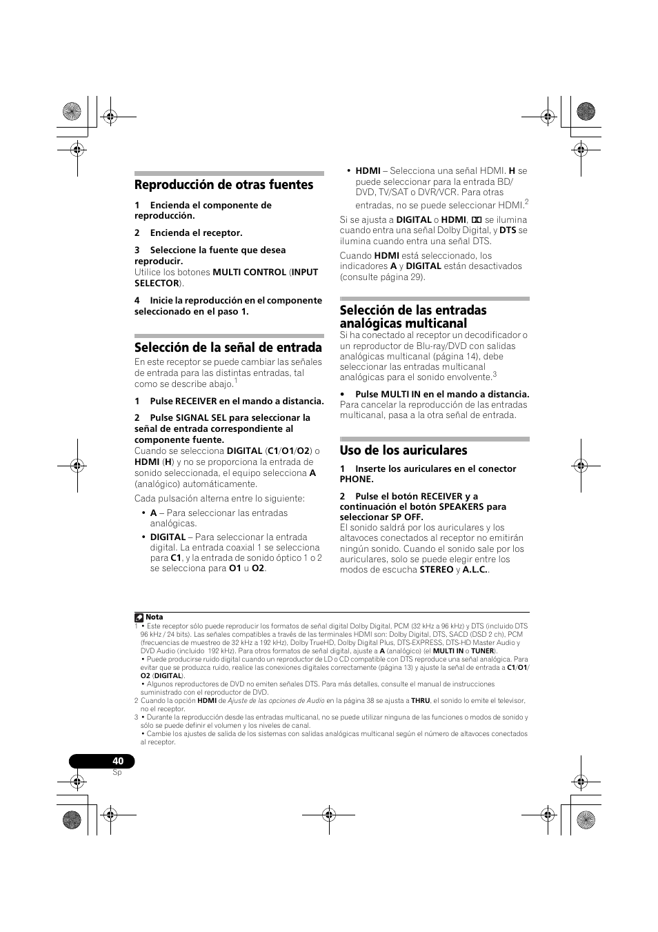 Reproducción de otras fuentes, Selección de la señal de entrada, Selección de las entradas analógicas multicanal | Uso de los auriculares, Selección de la señal, Selección de la señal de entrada en | Pioneer VSX-819H-S User Manual | Page 250 / 282