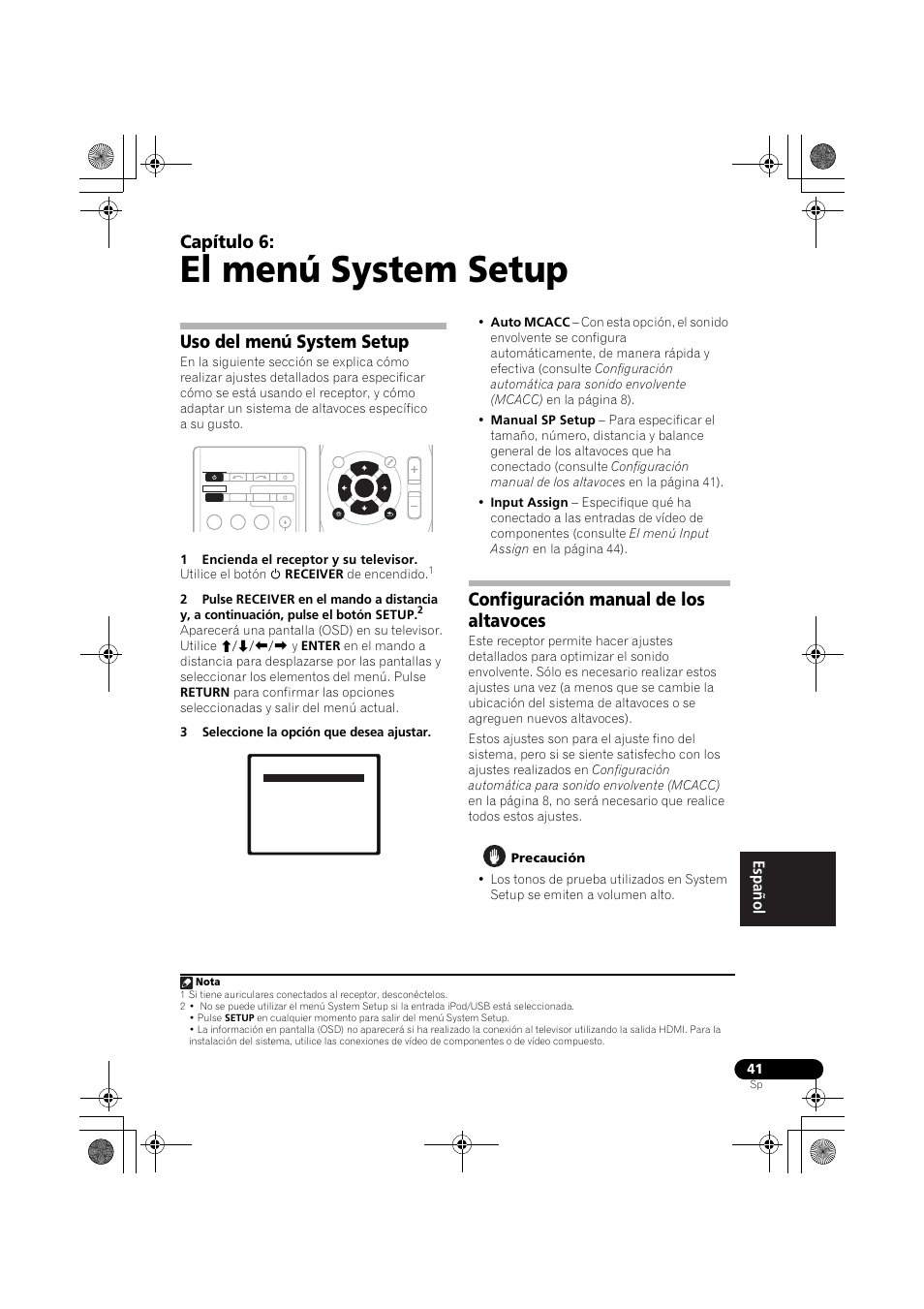 El menú system setup, Uso del menú system setup, Configuración manual de los altavoces | Capítulo 6 | Pioneer VSX-819H-S User Manual | Page 251 / 282