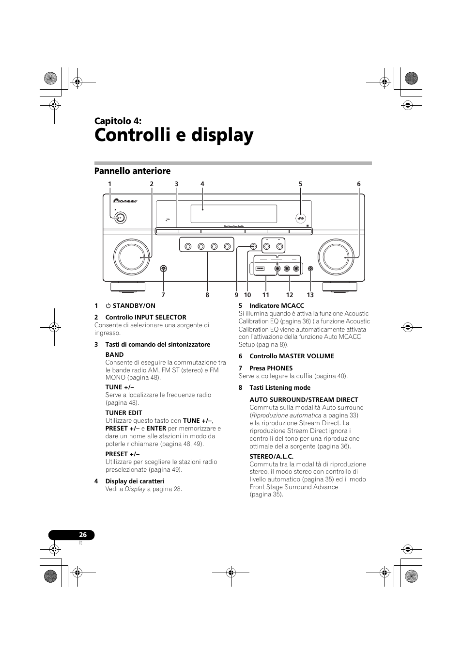 Controlli e display, Pannello anteriore, Capitolo 4 | Pioneer VSX-819H-S User Manual | Page 26 / 282