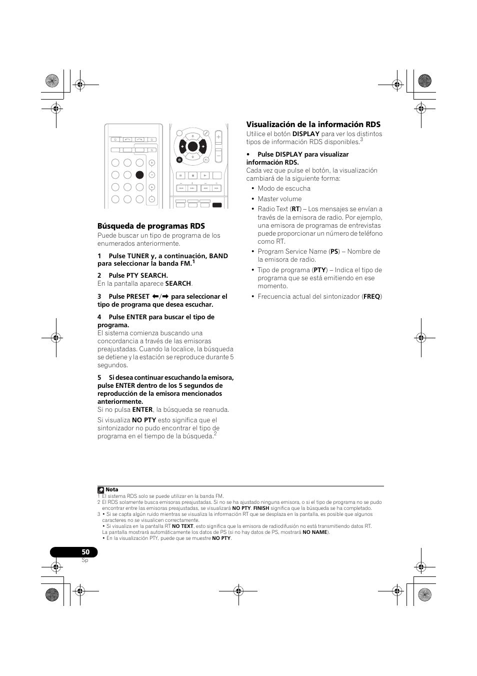 Búsqueda de programas rds, Visualización de la información rds, Nota | Pioneer VSX-819H-S User Manual | Page 260 / 282