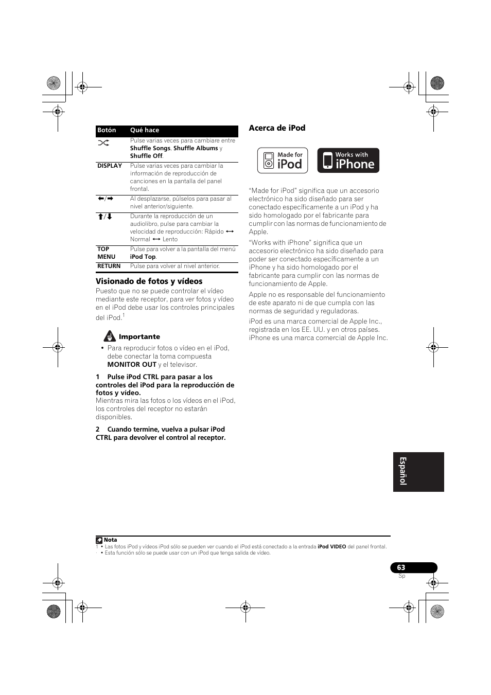 Visionado de fotos y vídeos, Acerca de ipod, Visionado de fotos y vídeos acerca de ipod | Pioneer VSX-819H-S User Manual | Page 273 / 282