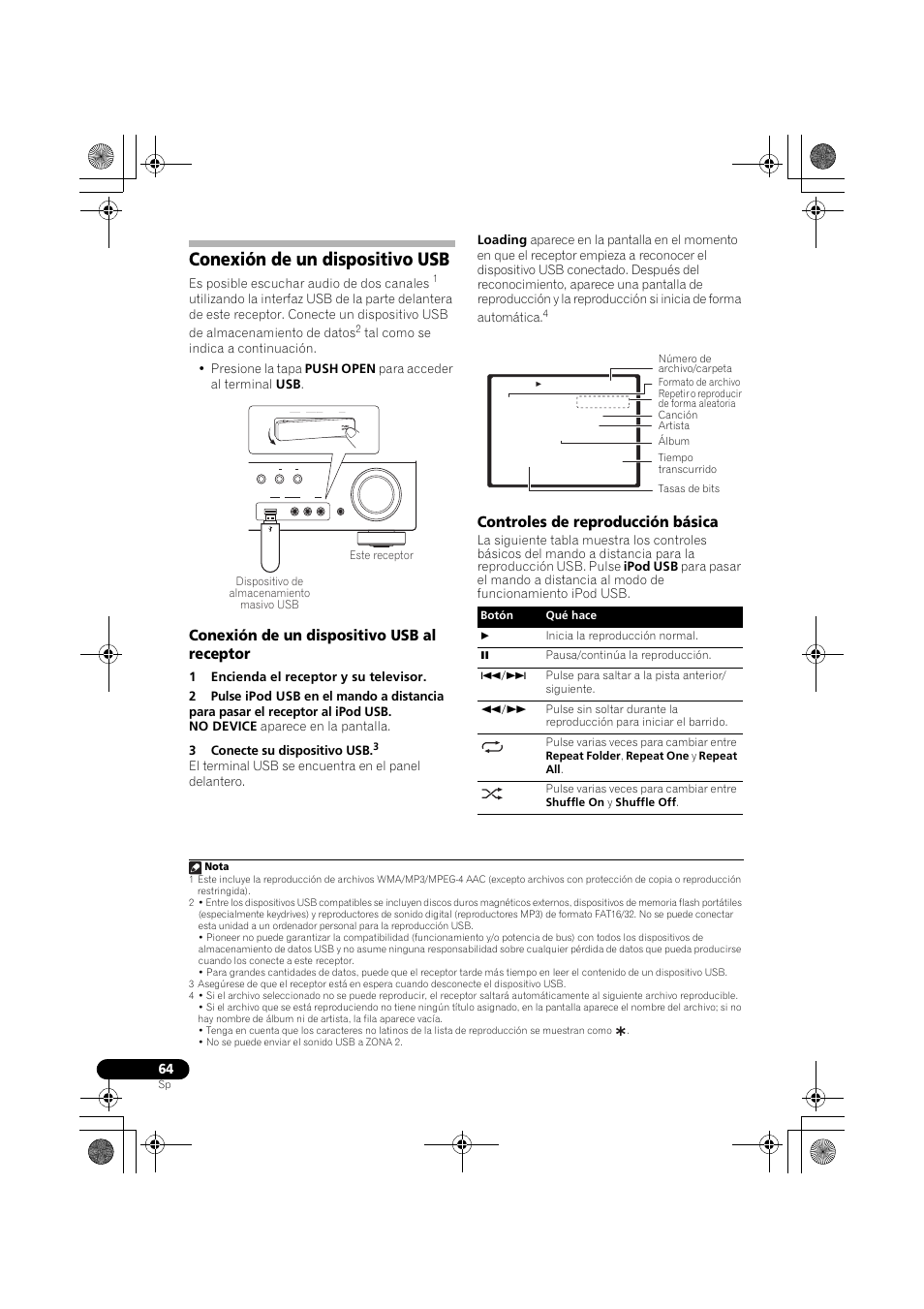 Conexión de un dispositivo usb, Conexión de un dispositivo usb al receptor, Controles de reproducción básica | Es posible escuchar audio de dos canales | Pioneer VSX-819H-S User Manual | Page 274 / 282