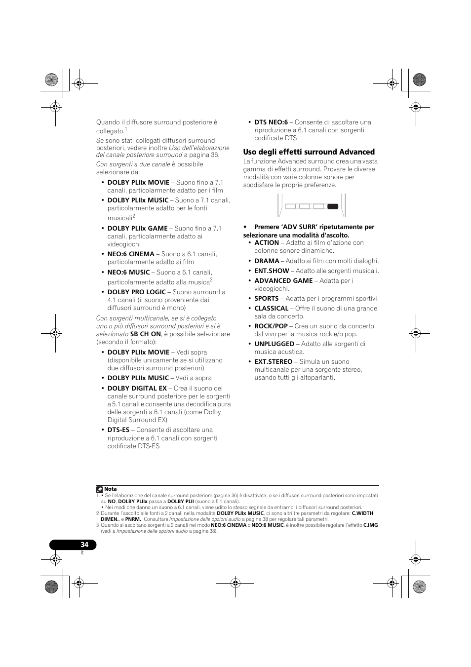 Uso degli effetti surround advanced | Pioneer VSX-819H-S User Manual | Page 34 / 282