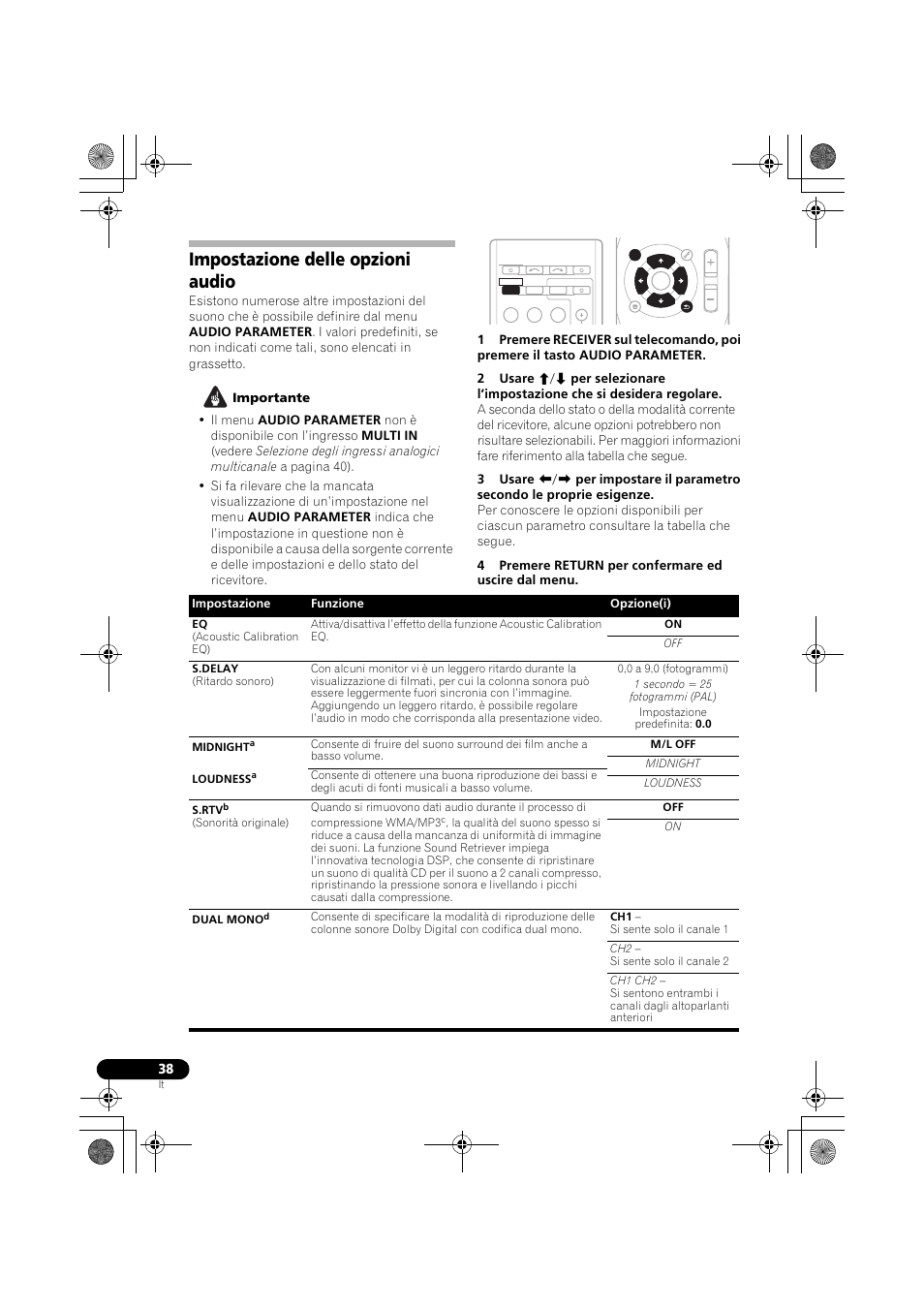 Impostazione delle opzioni audio | Pioneer VSX-819H-S User Manual | Page 38 / 282