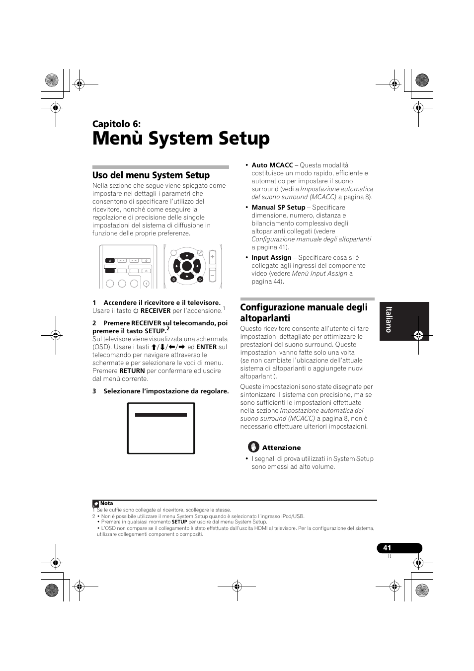 Menù system setup, Uso del menu system setup, Configurazione manuale degli altoparlanti | Capitolo 6 | Pioneer VSX-819H-S User Manual | Page 41 / 282