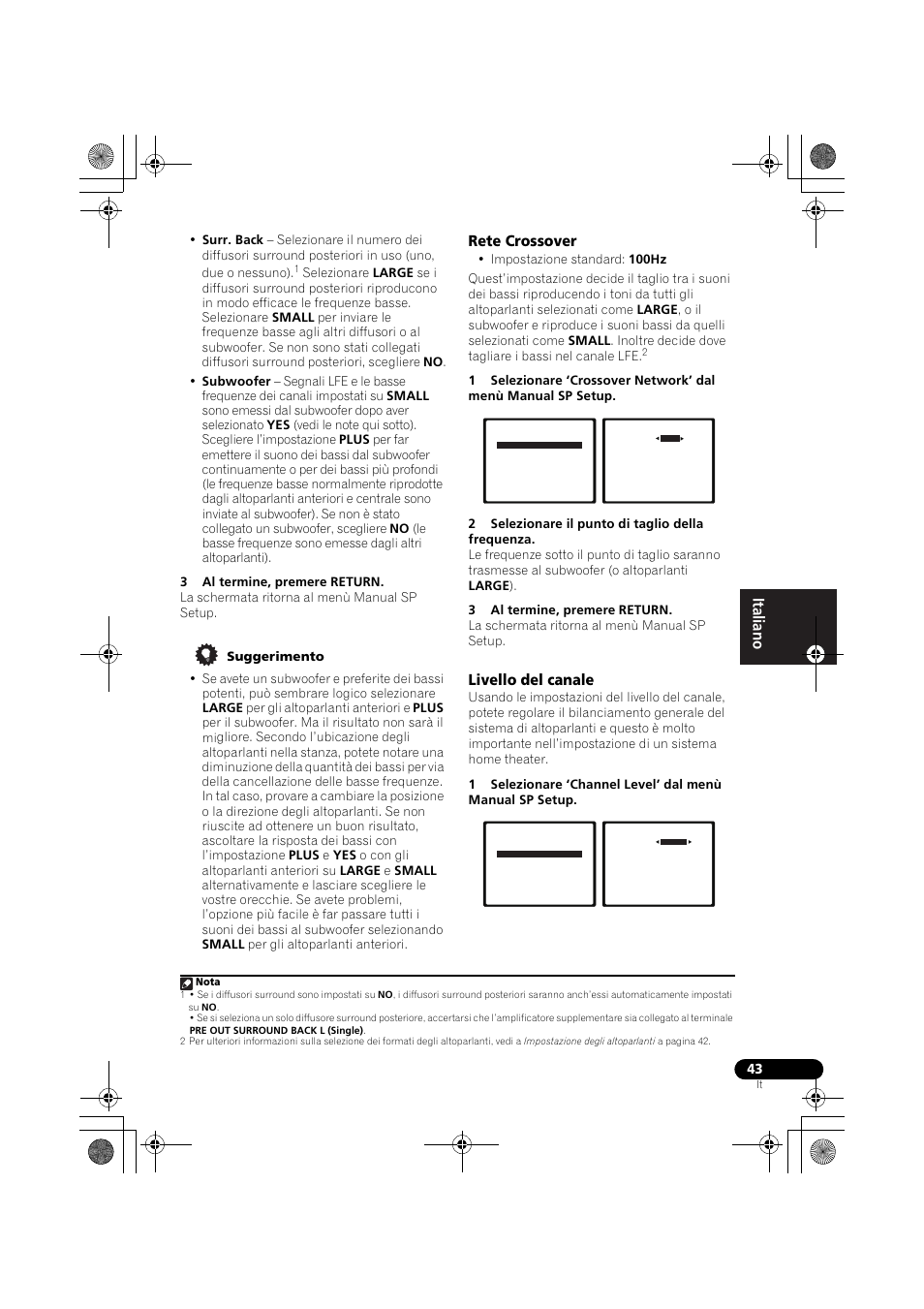 Rete crossover, Livello del canale, Rete crossover livello del canale | Pioneer VSX-819H-S User Manual | Page 43 / 282