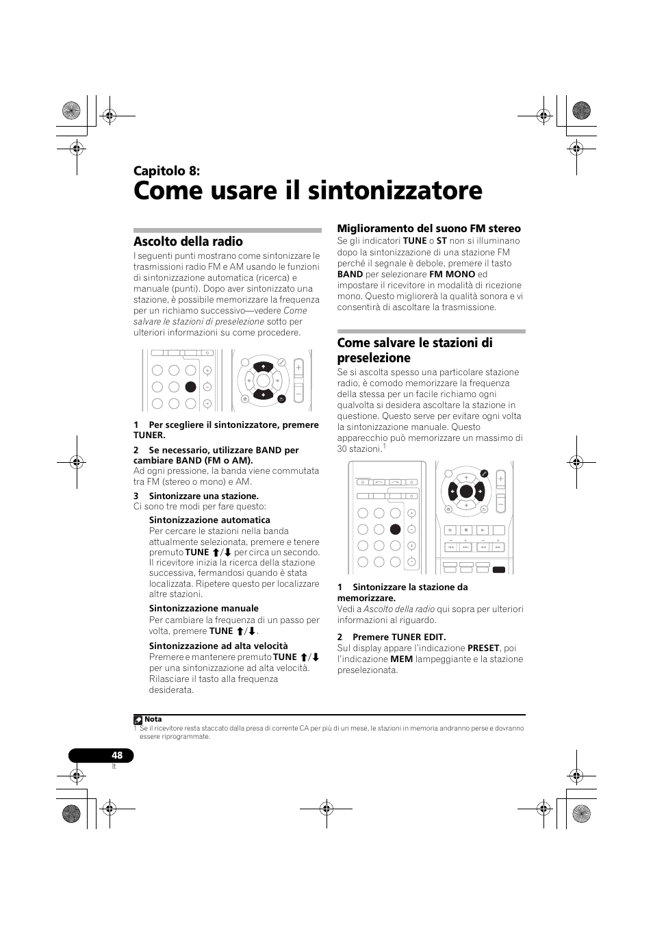 Come usare il sintonizzatore, Ascolto della radio, Miglioramento del suono fm stereo | Come salvare le stazioni di preselezione, Capitolo 8, Nota | Pioneer VSX-819H-S User Manual | Page 48 / 282