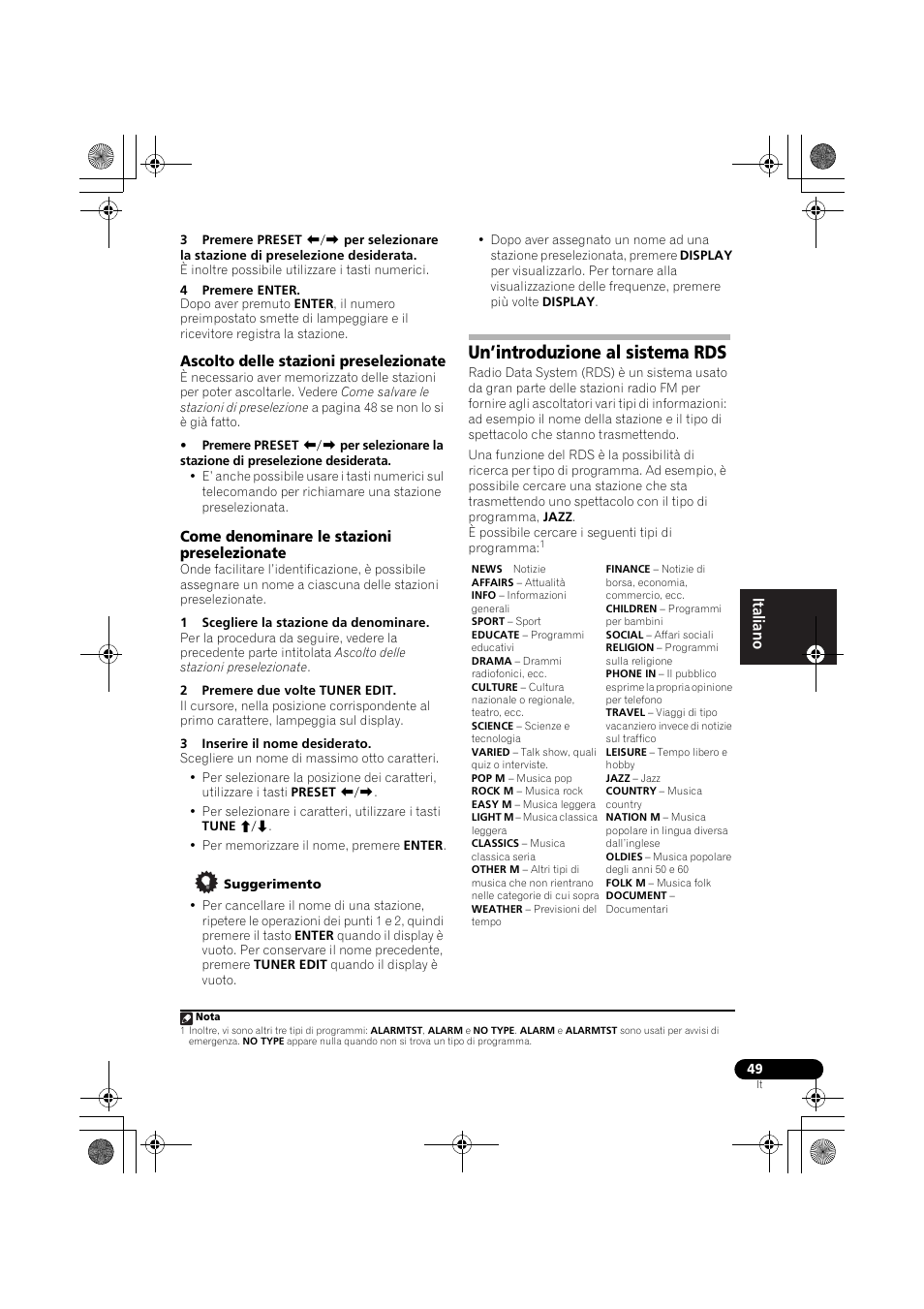 Ascolto delle stazioni preselezionate, Come denominare le stazioni preselezionate, Un’introduzione al sistema rds | Preselezionate, E 49) | Pioneer VSX-819H-S User Manual | Page 49 / 282