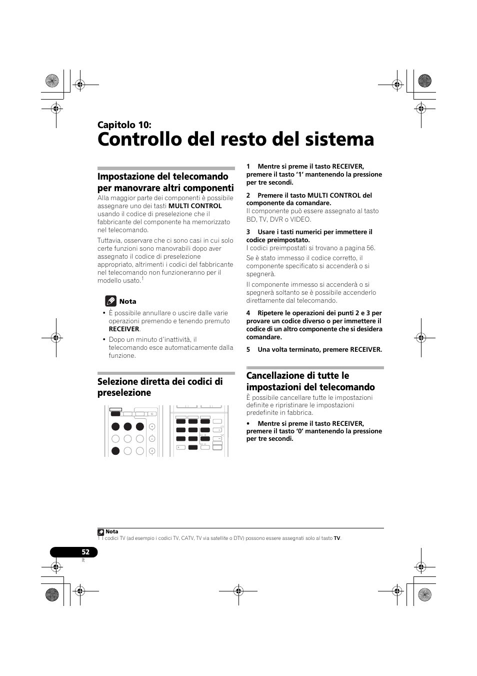 Controllo del resto del sistema, Selezione diretta dei codici di preselezione, Impostazione del telecomando per | Del telecomando, Capitolo 10 | Pioneer VSX-819H-S User Manual | Page 52 / 282