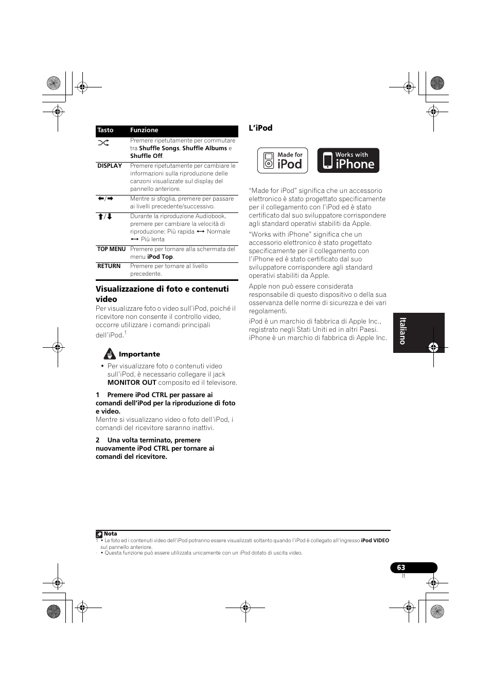 Visualizzazione di foto e contenuti video, L’ipod, Visualizzazione di foto e contenuti video l’ipod | Pioneer VSX-819H-S User Manual | Page 63 / 282