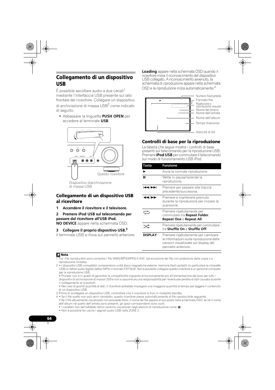 Collegamento di un dispositivo usb, Collegamento di un dispositivo usb al ricevitore, Controlli di base per la riproduzione | Collegamento di un dispositivo usb al, Ricevitore controlli di base per la riproduzione, È possibile ascoltare audio a due canali | Pioneer VSX-819H-S User Manual | Page 64 / 282