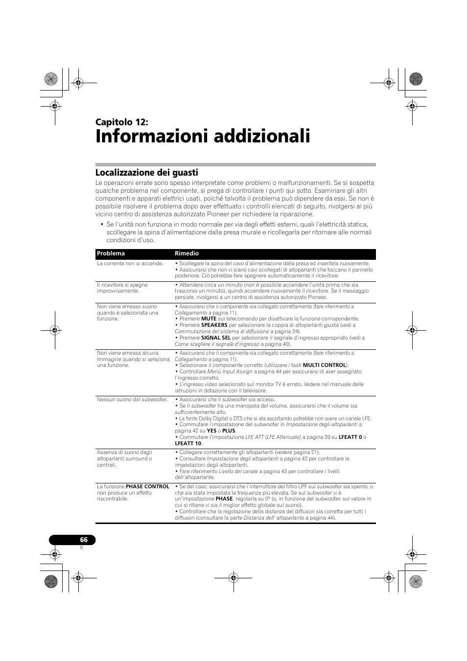 Informazioni addizionali, Localizzazione dei guasti, Capitolo 12 | Pioneer VSX-819H-S User Manual | Page 66 / 282