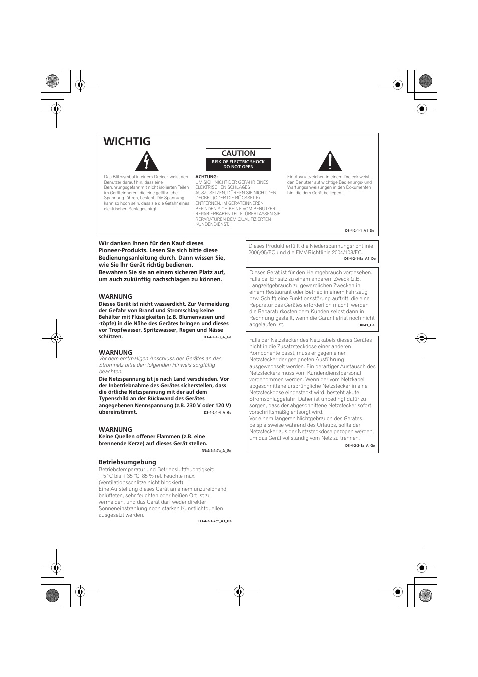 Wichtig, Caution | Pioneer VSX-819H-S User Manual | Page 72 / 282