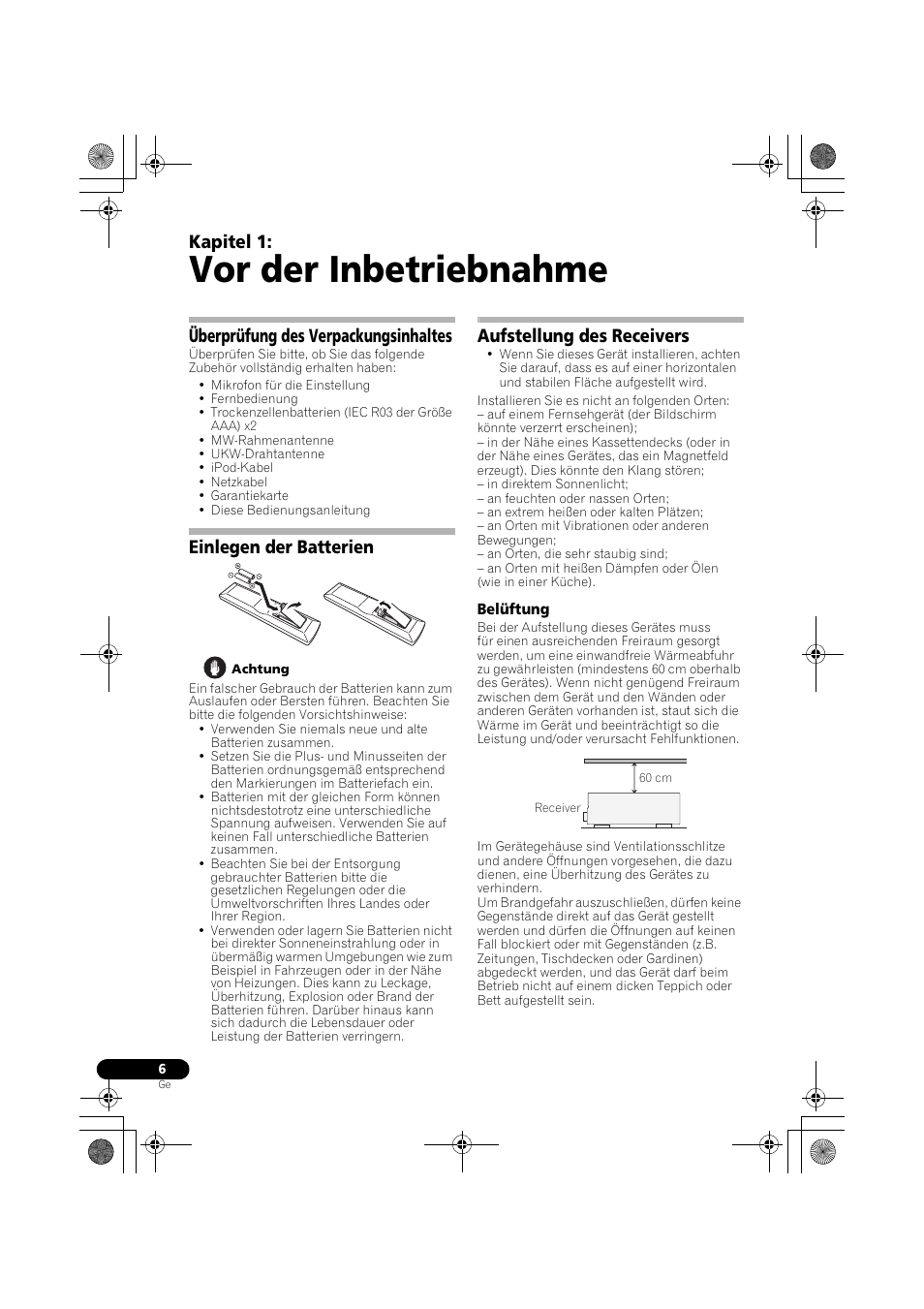 Vor der inbetriebnahme, Überprüfung des verpackungsinhaltes, Einlegen der batterien | Aufstellung des receivers, Belüftung, Kapitel 1 | Pioneer VSX-819H-S User Manual | Page 76 / 282