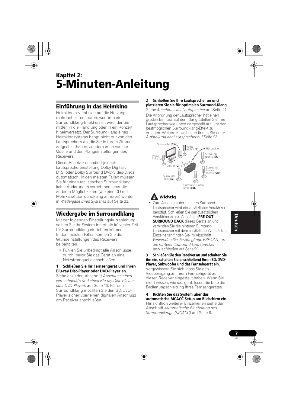 Minuten-anleitung, Einführung in das heimkino, Wiedergabe im surroundklang | Kapitel 2 | Pioneer VSX-819H-S User Manual | Page 77 / 282