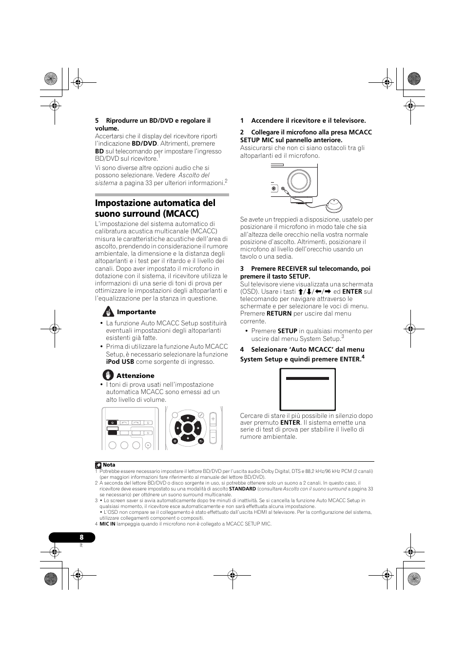 Impostazione automatica del suono surround (mcacc), Impostazione automatica del, Suono surround (mcacc) | Master volume mcacc setup mic enter r dio | Pioneer VSX-819H-S User Manual | Page 8 / 282